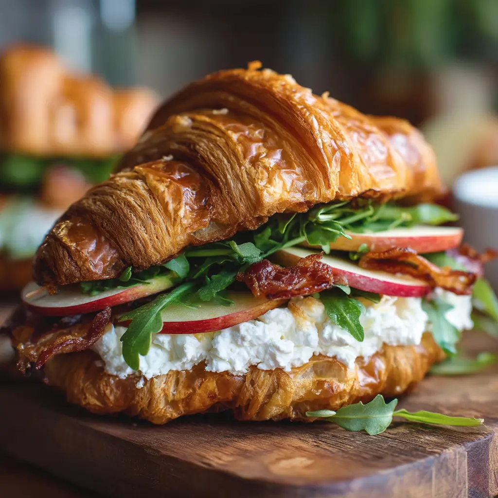 An extreme close-up of a gourmet croissant showing the flaky, buttery layers, ready to be filled with apple and goat cheese.
