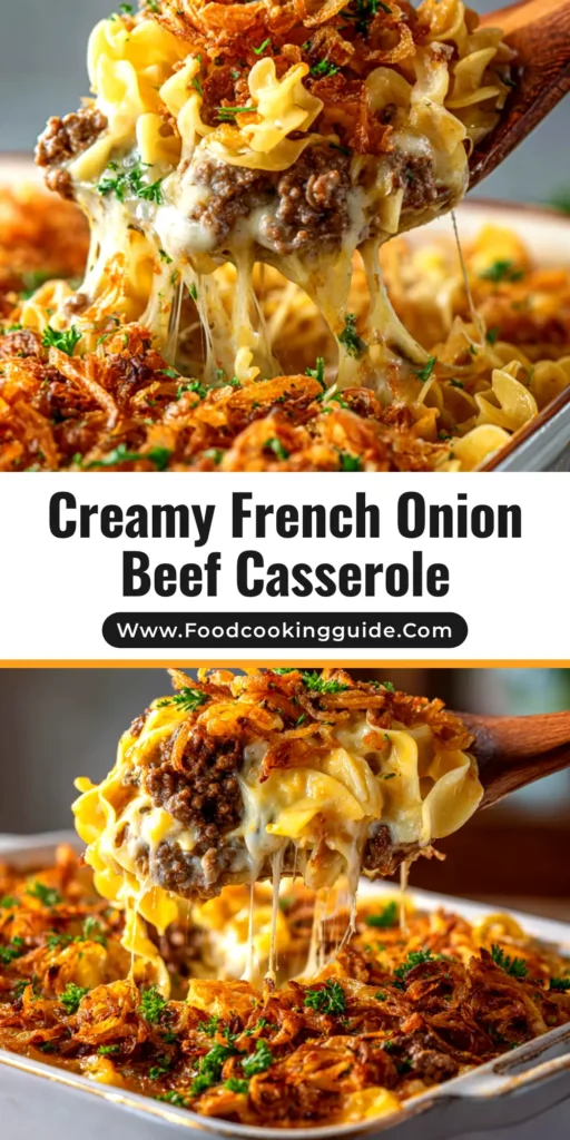 French Onion Beef Casserole: The Ultimate Comfort Meal 4 A delicious French Onion Beef Casserole in a white baking dish, topped with golden-brown melted cheese and fresh parsley. The perfect comfort food recipe.