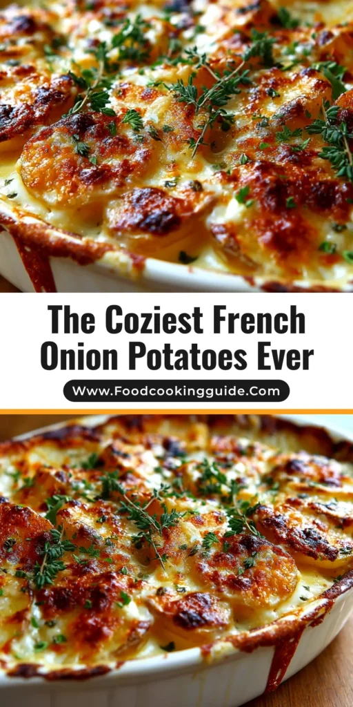 A close-up overhead shot of a bubbly, golden-brown French Onion Potatoes casserole in a baking dish, ready to be served.