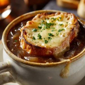 A close-up shot of French Onion Soup in a white bowl, highlighting the rich, dark broth and caramelized onions.