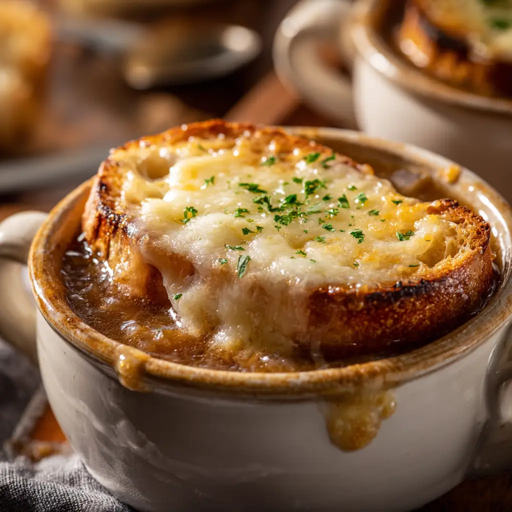 The final step of making French Onion Soup: broiling the Gruyère cheese until it is bubbly and golden brown.