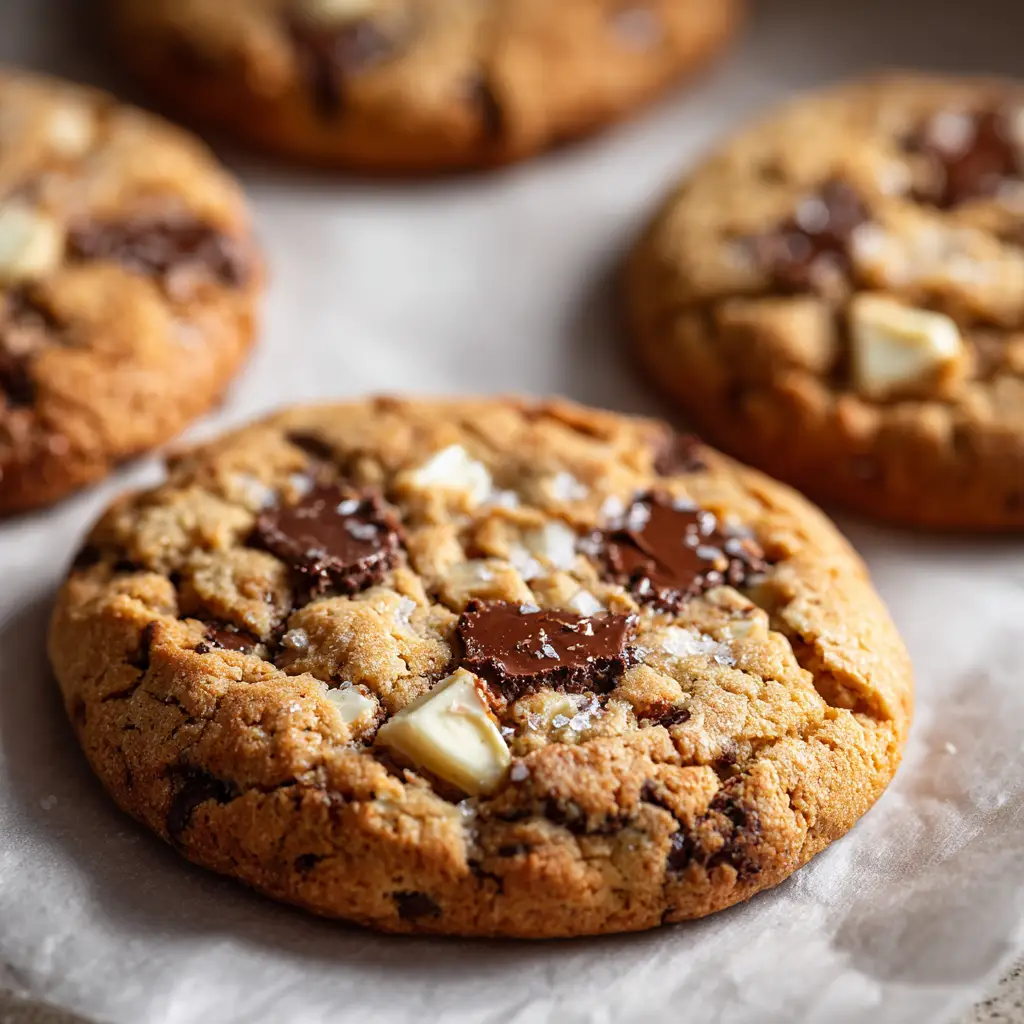 A close-up of freshly baked chocolate chip cookies cooling on a wire rack, with golden brown edges.