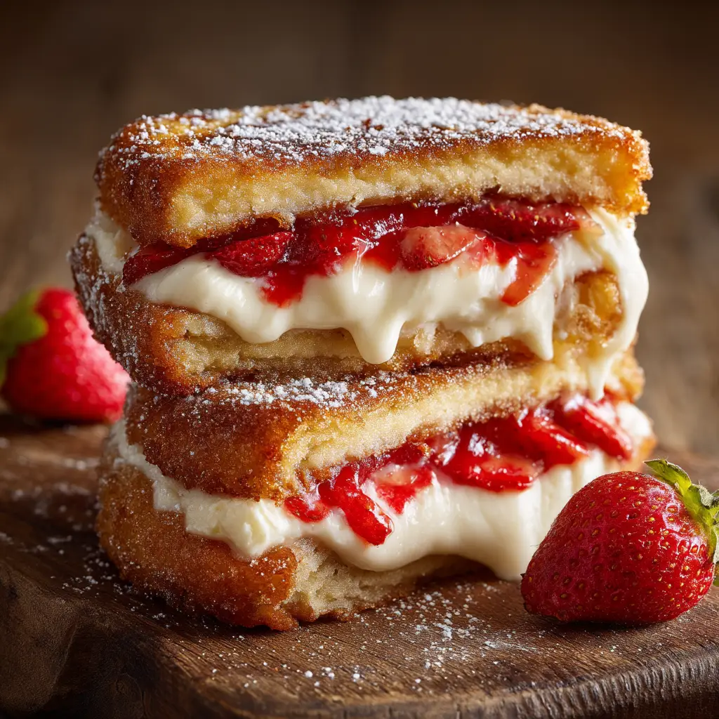 Fried Strawberry Cheesecake Sandwiches: An Irresistible Treat 1 A fried dessert sandwich cut diagonally, revealing the warm and gooey strawberry cream cheese filling, with fresh strawberries visible in the background.
