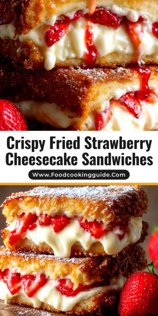 Fried Strawberry Cheesecake Sandwiches: An Irresistible Treat 3 A stack of two golden-brown Fried Strawberry Cheesecake Sandwiches, dusted with cinnamon sugar and cut in half to show the creamy strawberry filling inside.