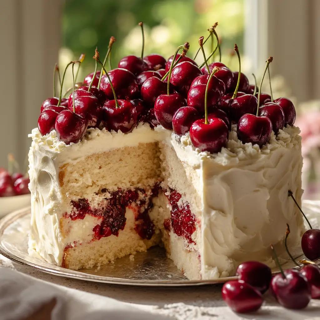 Cherry Layer Cake: A Guide to The Perfect Moist Slice 1 The process of frosting the cherry layer cake, with an offset spatula smoothing creamy vanilla buttercream on the sides.