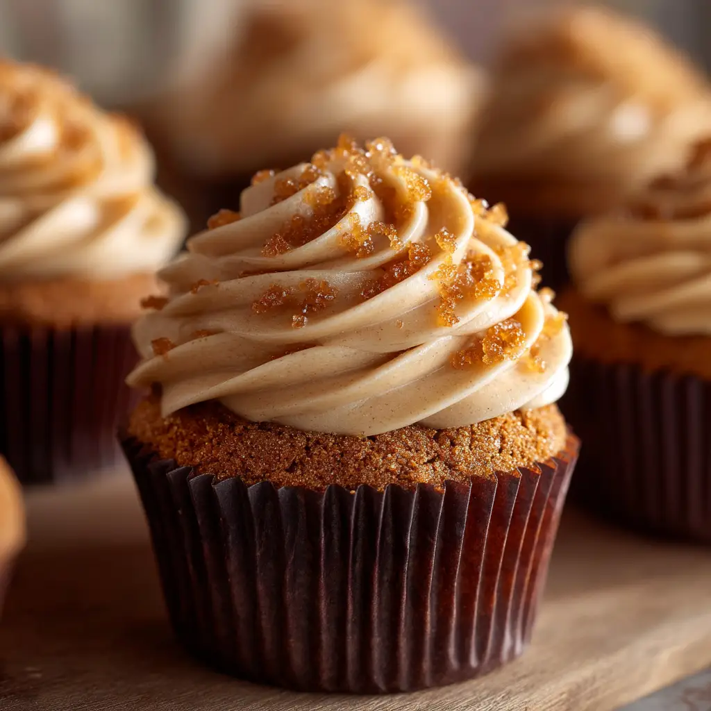 A batch of gingerbread caramel latte cupcakes being frosted with coffee cream cheese frosting.