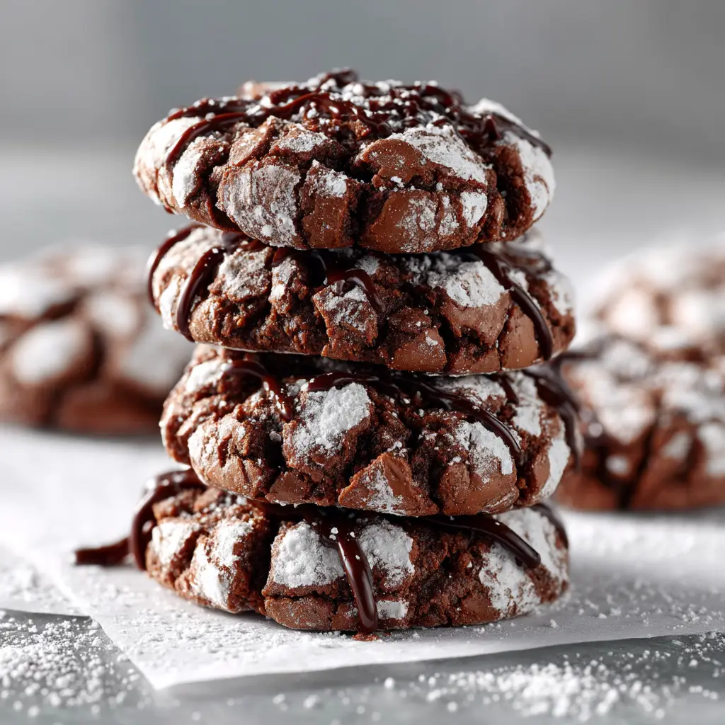 A small stack of fudgy chocolate crinkle cookies tied with twine, highlighting their soft, brownie-like texture inside.
