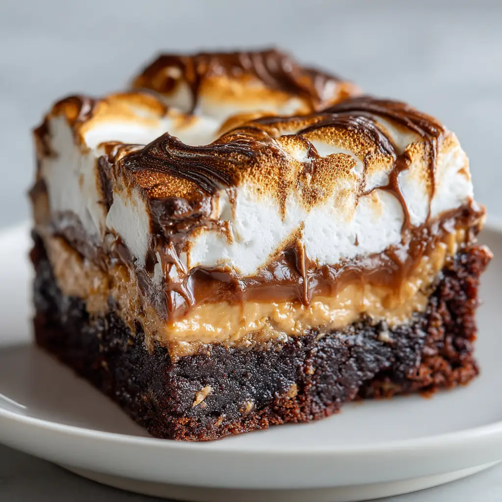 A single fudgy marshmallow peanut butter brownie on a white surface, showcasing the chewy texture and distinct layers.