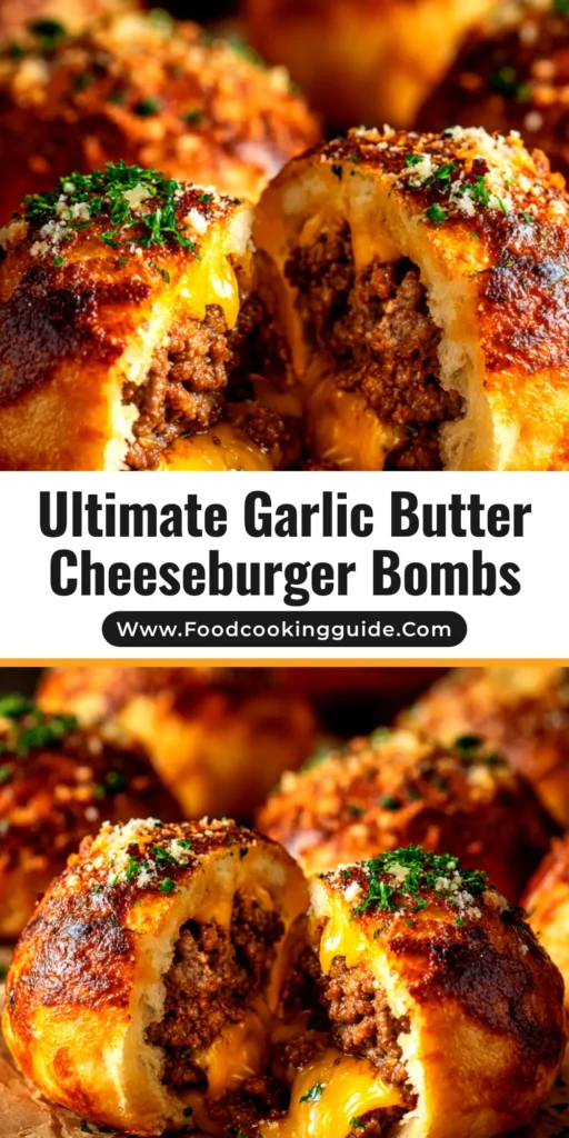 A platter of golden-brown Garlic Parmesan Cheeseburger Bombs, with one split open to show the cheesy beef filling. Perfect appetizer for game day.
