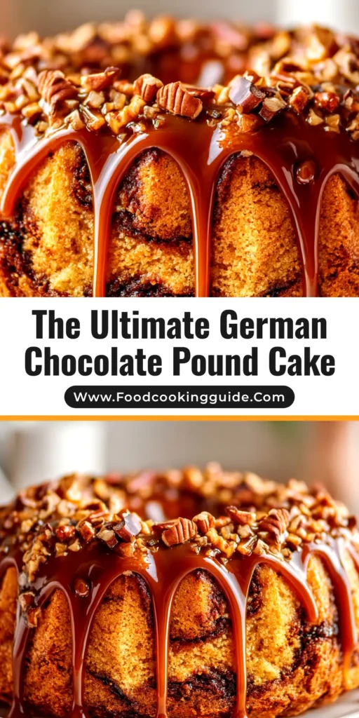 A beautiful slice of German Chocolate Pound Cake on a white plate, showcasing the rich chocolate cake and the thick, gooey coconut pecan frosting on top.