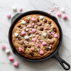 A freshly baked giant chocolate chip skillet cookie, shown from above. The pizookie has a golden-brown top and is filled with melted chocolate pools.