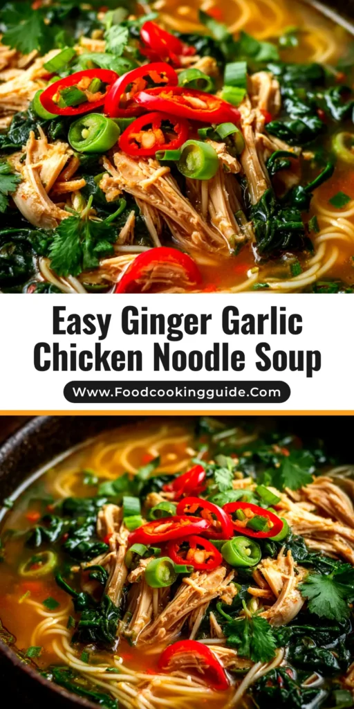 A cozy bowl of Ginger Garlic Chicken Noodle Soup, with steam rising from the rich broth, tender chicken pieces, noodles, and vibrant green onions.
