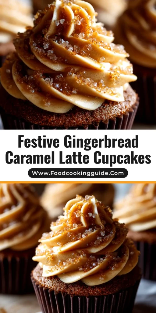 A Gingerbread Caramel Latte Cupcake on a festive plate, topped with coffee frosting and a drizzle of caramel.