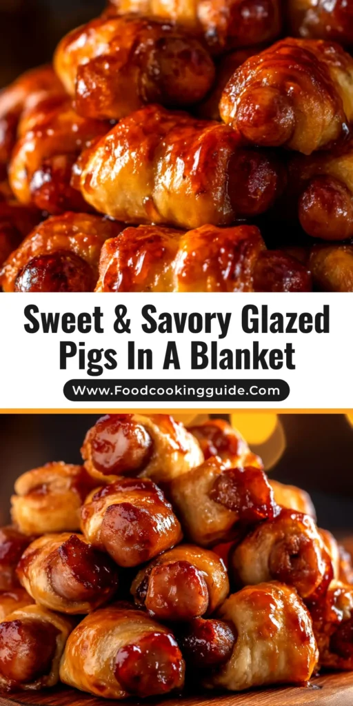 A platter of golden-brown Glazed Pigs in a Blanket, shiny from a sweet and savory glaze and ready to be served as the perfect party appetizer.