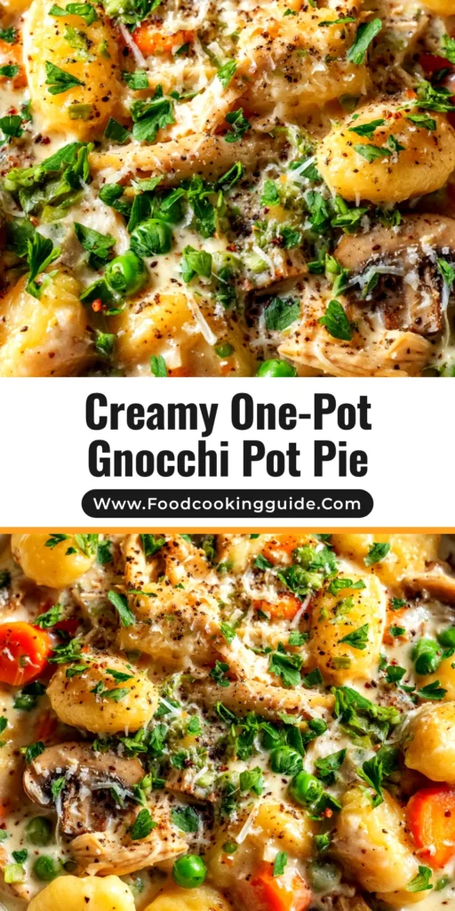 An overhead shot of a skillet of creamy Gnocchi Chicken Pot Pie, with golden-brown gnocchi on top and fresh parsley garnish.