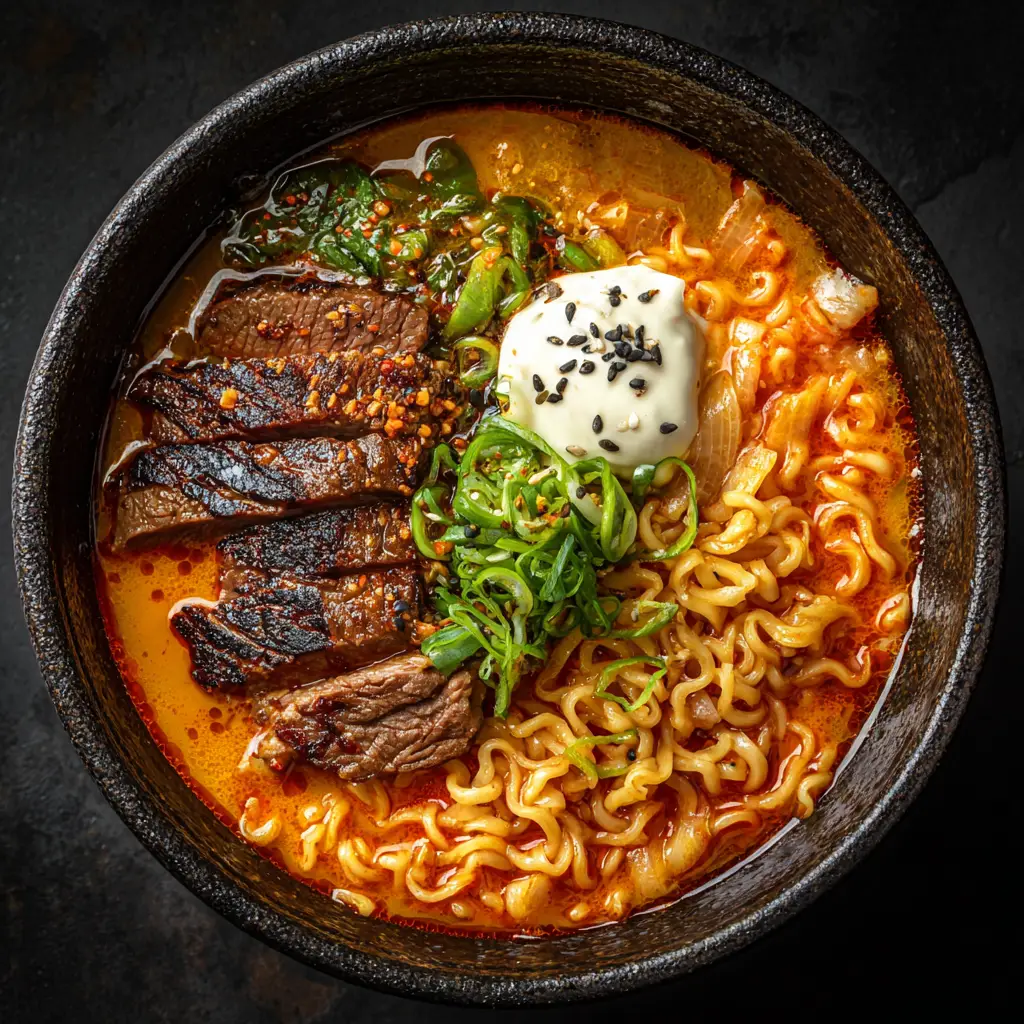 A beautiful bowl of gochujang ramen soup topped with a jammy egg, ready in just 20 minutes.