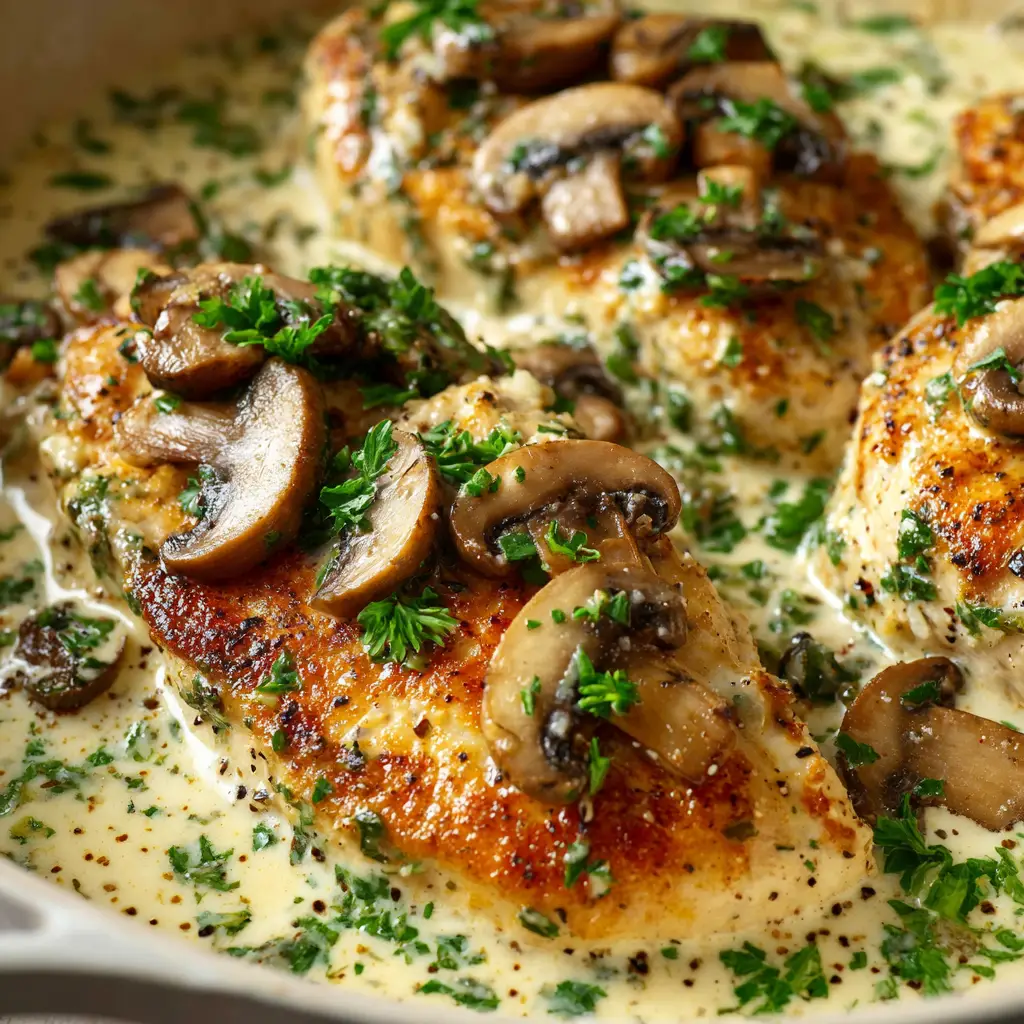 Golden-seared chicken breasts resting on a plate, ready to be added to the creamy Boursin cheese sauce.