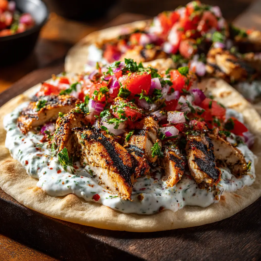Greek Chicken Gyros (Authentic & Easy Recipe) 1 A deconstructed view of the Greek chicken gyros ingredients, including the marinated chicken, pita bread, and fresh vegetables before assembly.