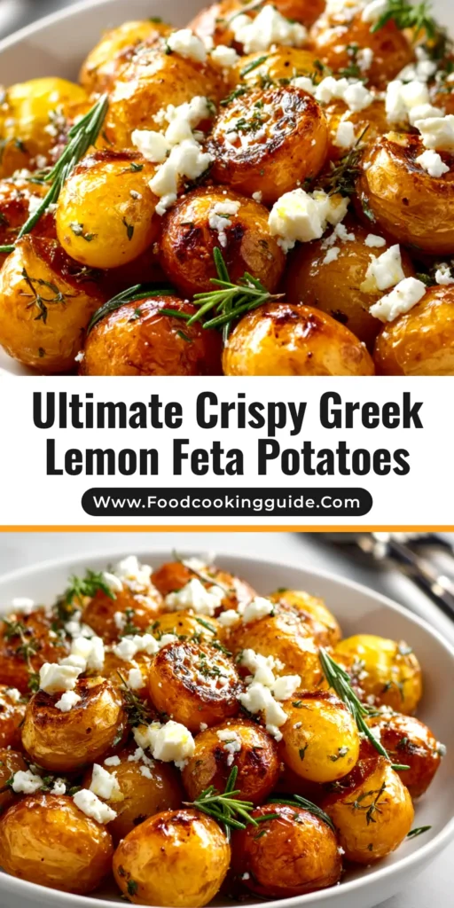 A top-down view of perfectly roasted Greek lemon potatoes in a white serving dish, garnished with fresh herbs. The potatoes are golden-brown and crispy.