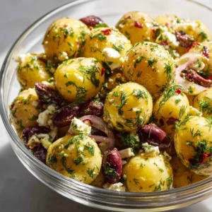 A close-up shot showing the texture of the Greek Potato Salad, highlighting the tender potatoes, crumbled feta, and fresh herbs.