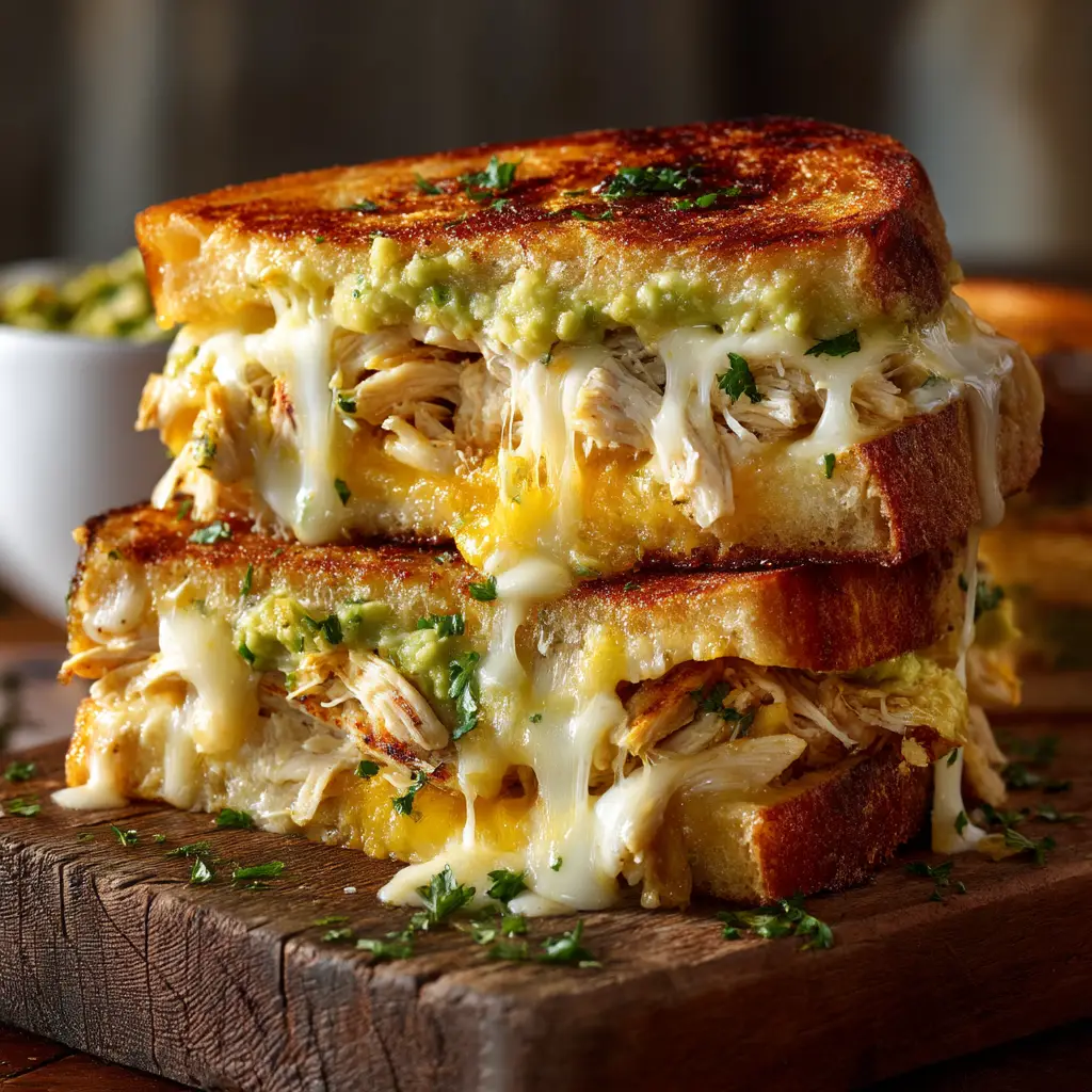An extreme close-up of a grilled chicken melt showing melted cheese stretching from the sandwich.
