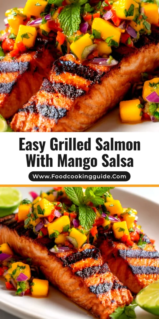 A close-up overhead shot of perfectly grilled salmon with mango salsa, served on a white plate. The vibrant colors of the mango, red onion, and cilantro contrast beautifully with the pink salmon.