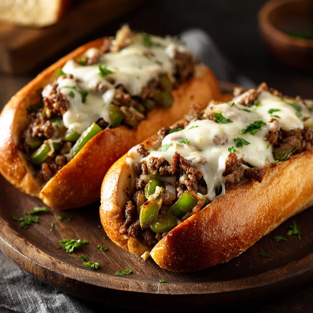 Ground Beef Philly Cheesesteaks (The Easiest, Juiciest Recipe!) 1 A pan of seasoned ground beef and sautéed peppers being prepared for the easy Philly cheesesteak recipe, ready for the cheese to be melted on top.