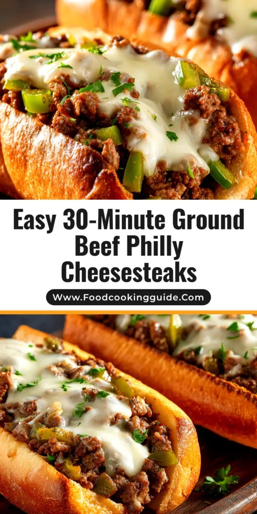 Ground Beef Philly Cheesesteaks (The Easiest, Juiciest Recipe!) 3 An overhead shot of four easy Ground Beef Philly Cheesesteaks on toasted hoagie rolls, packed with juicy ground beef, peppers, and melted provolone cheese.
