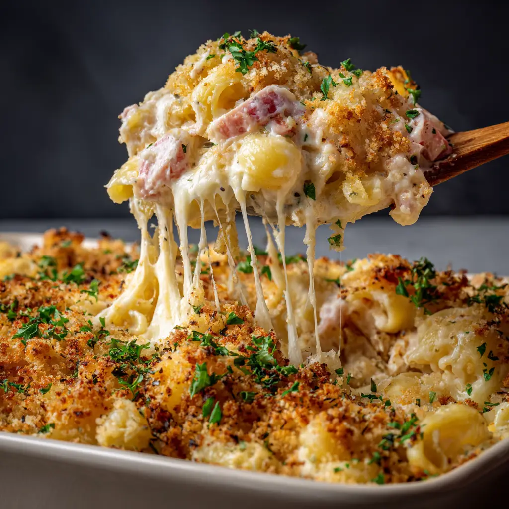 The finished ham and swiss chicken casserole in its baking dish, garnished with fresh parsley.