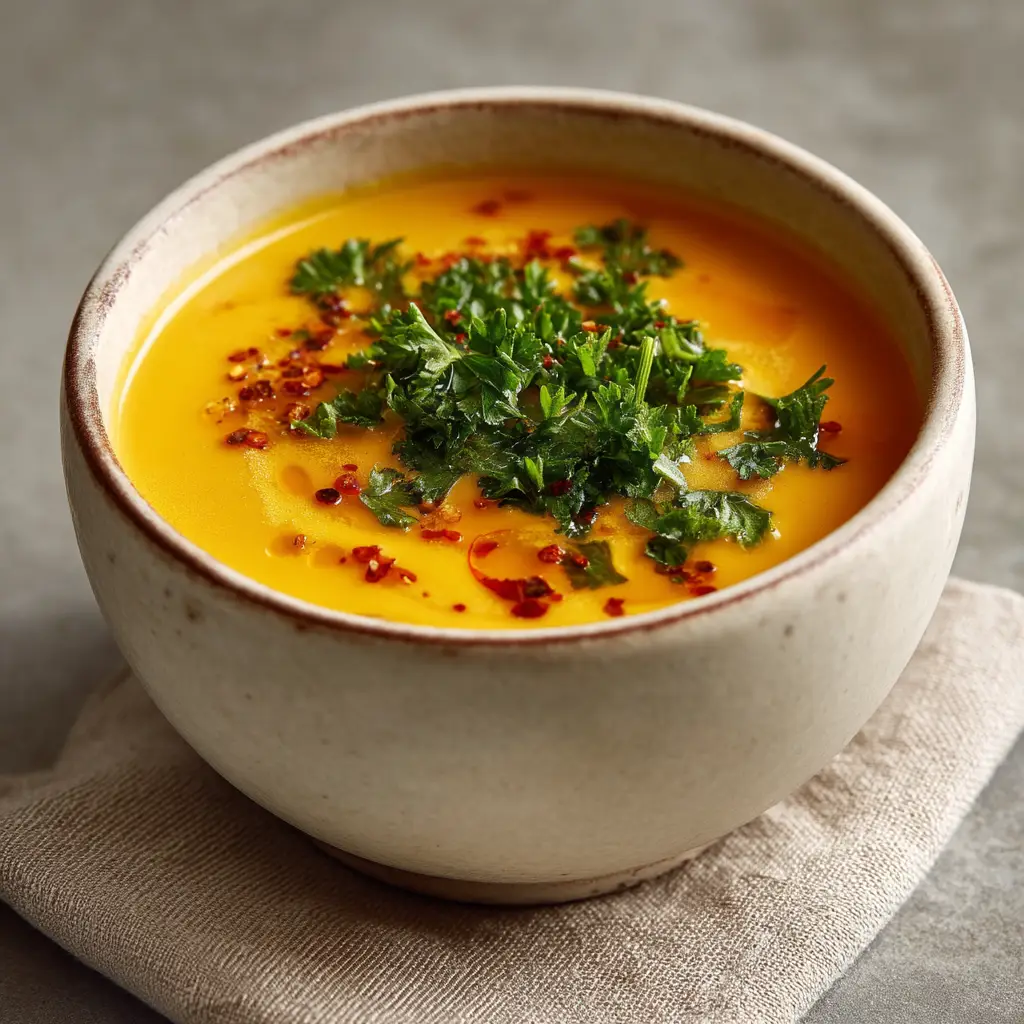 Another angle of the delicious Carrot & Miso Soup, showing a swirl of toppings and a side of crusty bread, emphasizing it as a complete meal.