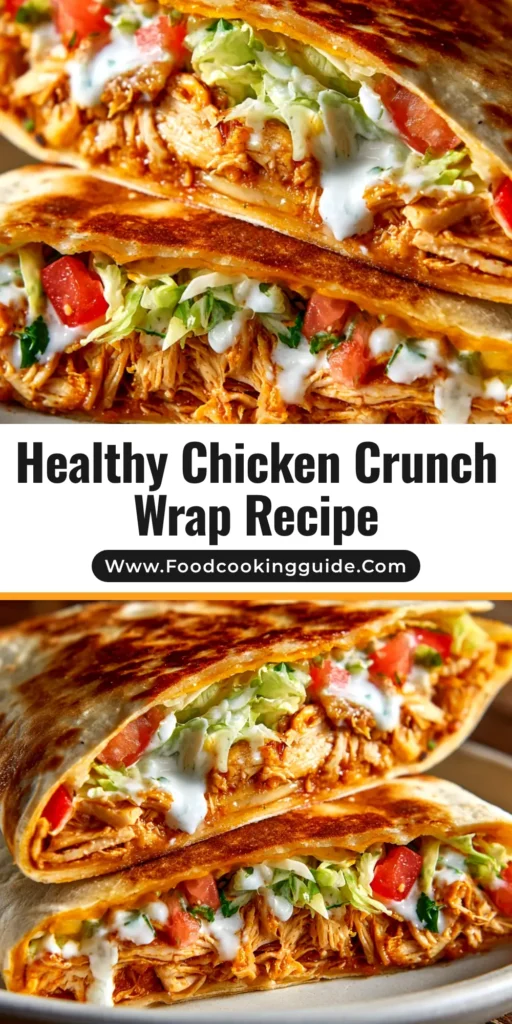 A perfectly golden-brown healthy chicken crunch wrap cut in half to show the delicious layers of chicken, lettuce, tomato, and cheese inside.