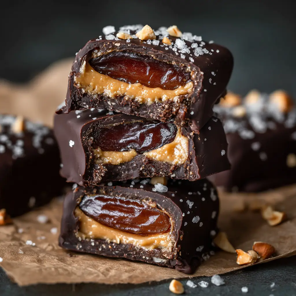 A stack of three homemade Medjool date snickers, with one cut in half to show the peanut butter and peanut filling.