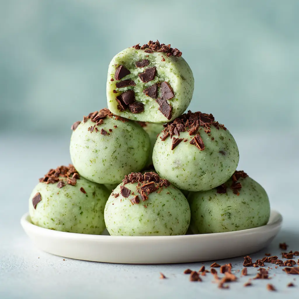 A collection of freshly rolled healthy mint chocolate snacks before they are chilled, arranged on a baking sheet.