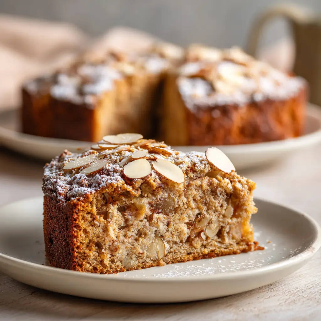 A top-down view of the healthy apple cake batter in a baking pan before going into the oven, with diced apples visible in the mix.