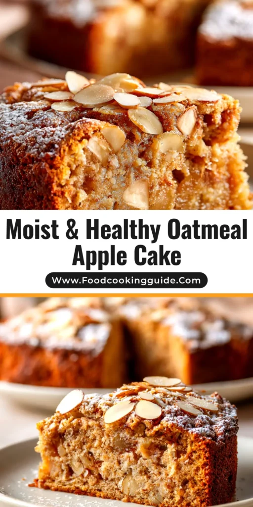 A delicious and Healthy Oatmeal Apple Cake shown as a single slice on a white plate, with a fork ready to be eaten. The cake is topped with a crunchy oat streusel.