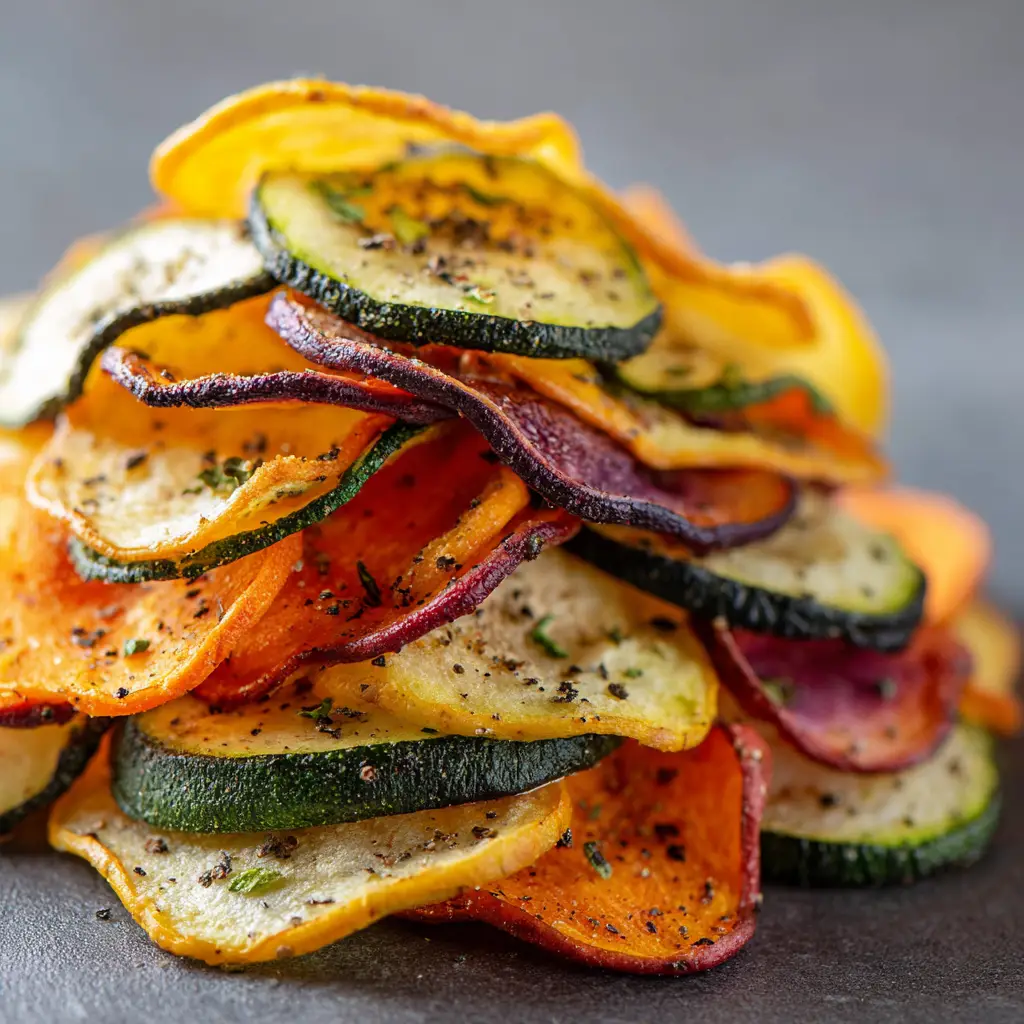 A pile of colorful root vegetable chips, including beet and sweet potato, after being cooked in the air fryer.