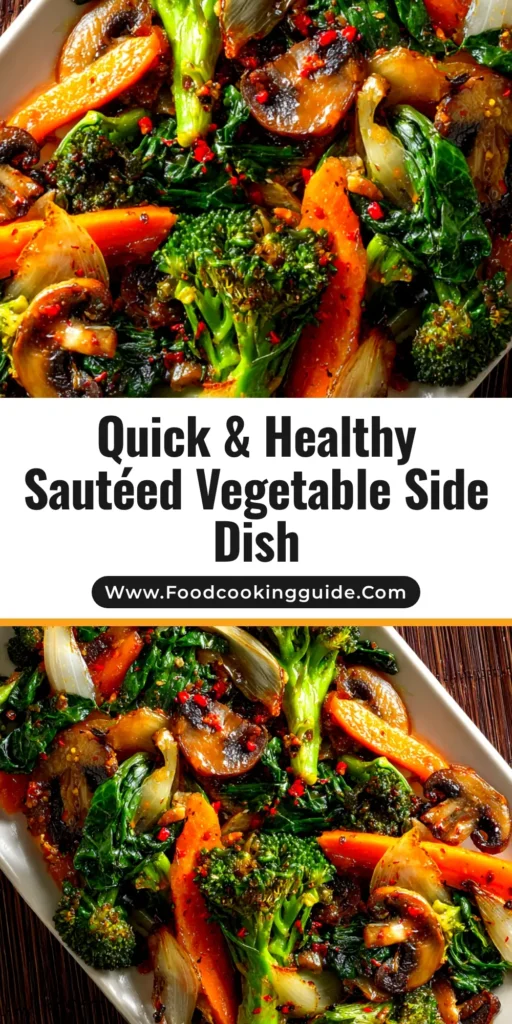 A vibrant pan of healthy sautéed vegetables, featuring broccoli, red bell peppers, and zucchini, perfectly cooked and ready to serve. This image showcases a quick and easy vegetable side dish.
