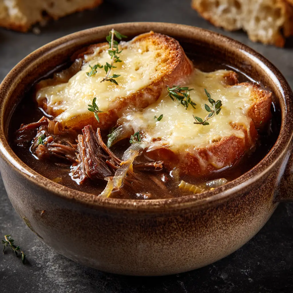 Another view of the hearty beef and onion soup, emphasizing the rich, dark broth and the chunks of tender short rib meat.