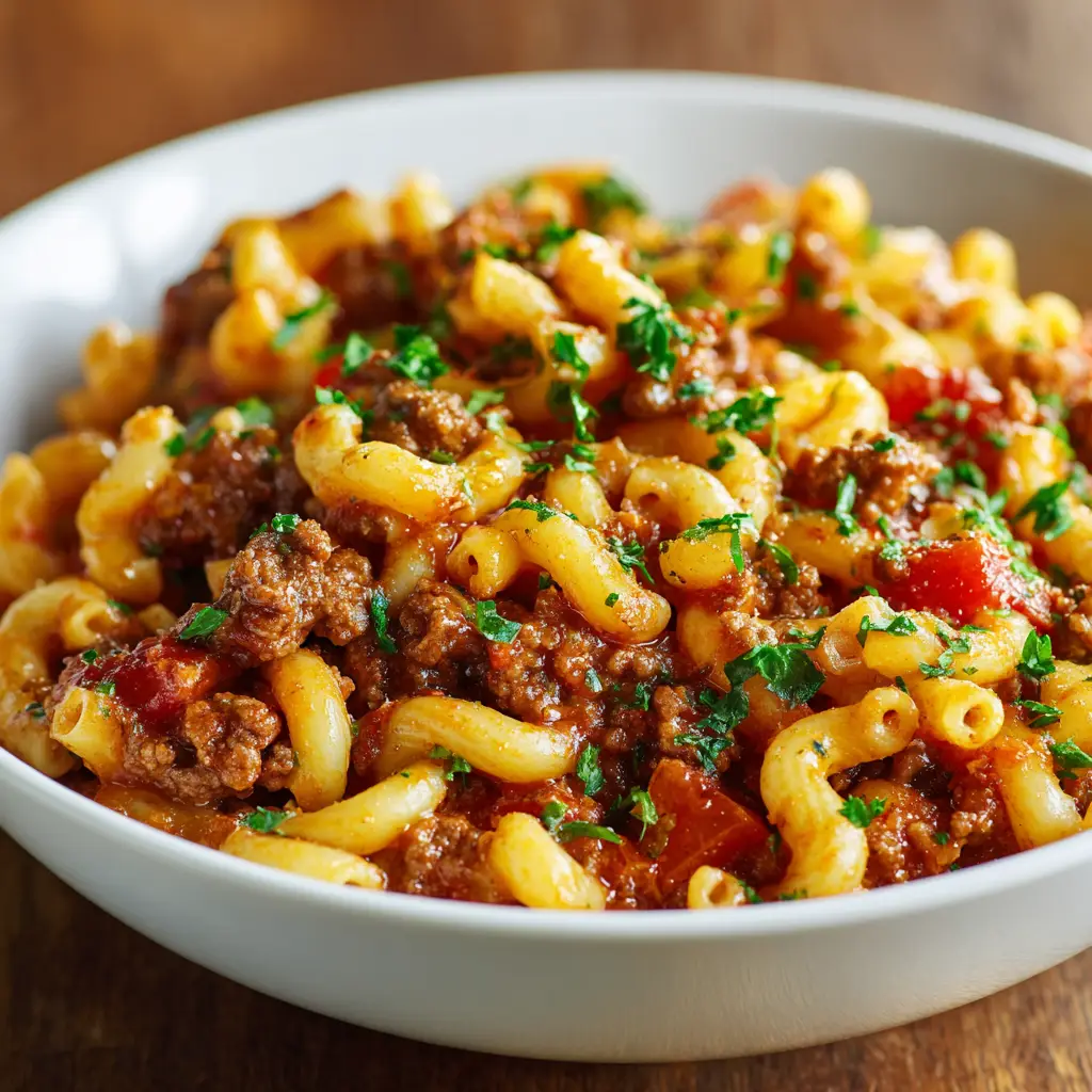 An extreme close-up of hearty beef and macaroni goulash in a pot, highlighting the rich texture of the tomato sauce and tender pasta.