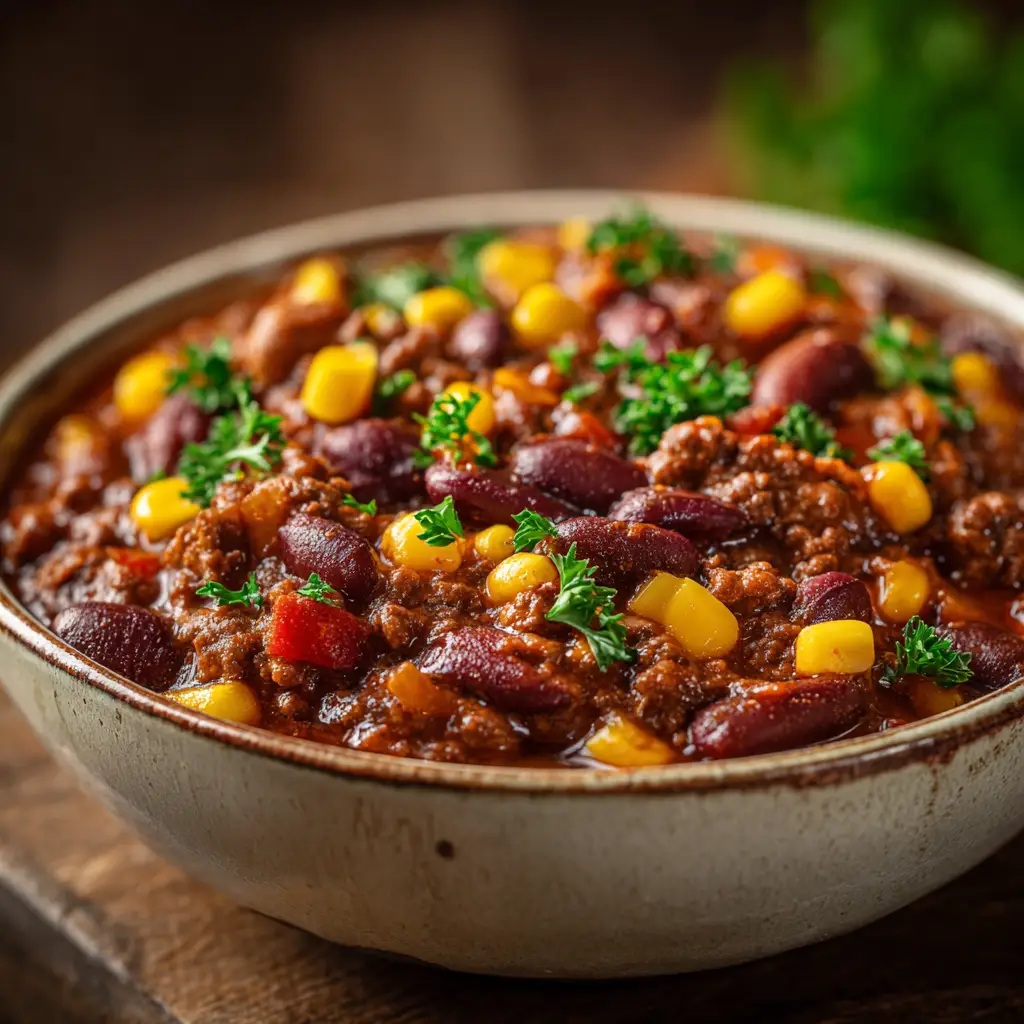 An overhead close-up shot of hearty cowboy beans in a cast-iron skillet, showcasing the rich texture of the beans and meat.