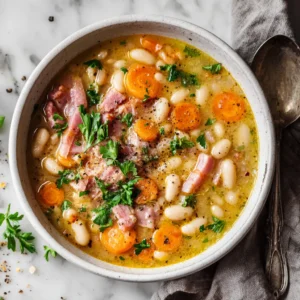 An overhead closeup of a rustic bowl of hearty crockpot ham and bean soup, showcasing the tender beans and chunks of ham.