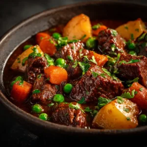 An extreme close-up shot of hearty crock pot beef stew, showing the tender beef and vibrant vegetables in a rich gravy.