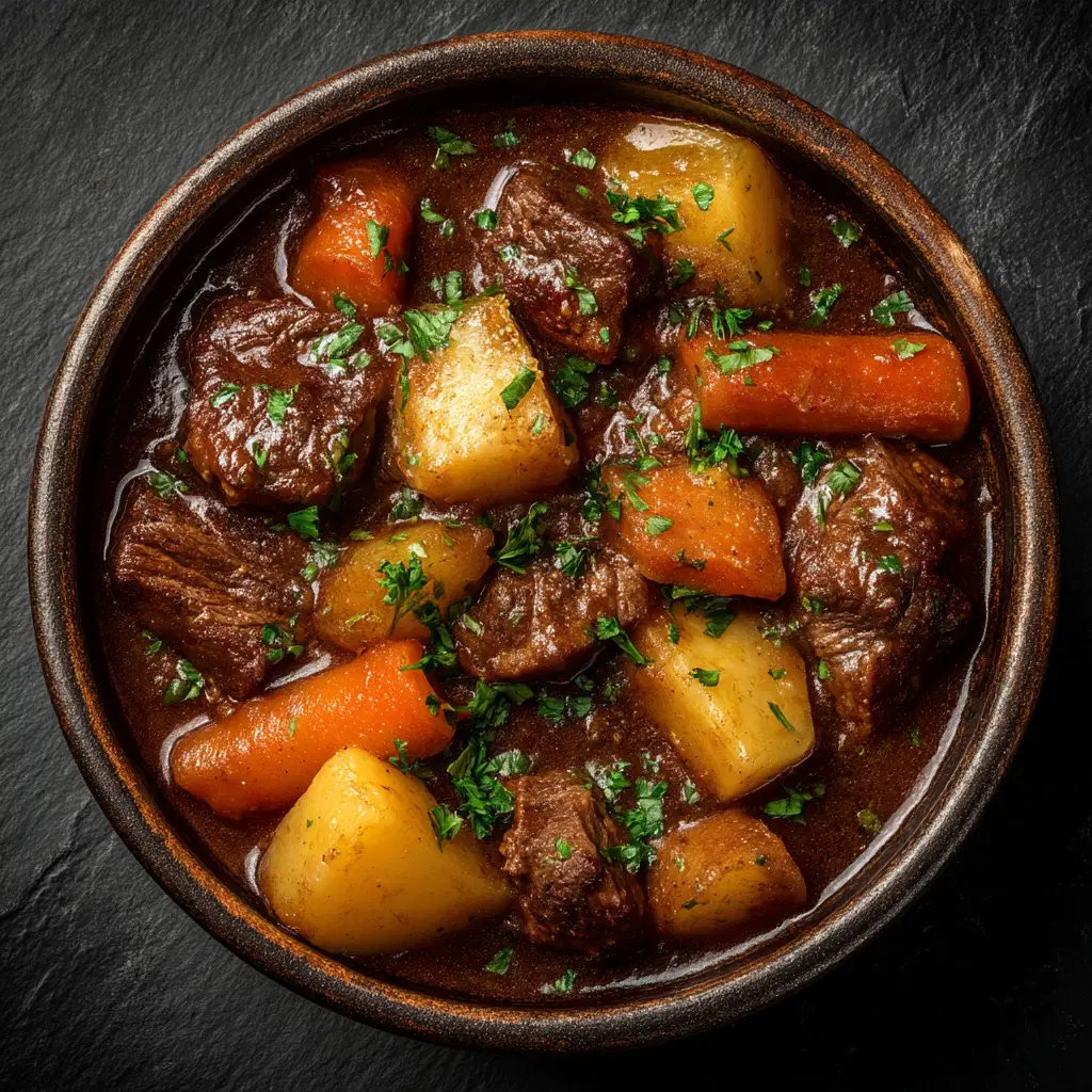 Home 8 An overhead view of hearty slow cooker beef stew in a rustic bowl, showcasing tender beef and chunks of carrots and potatoes.