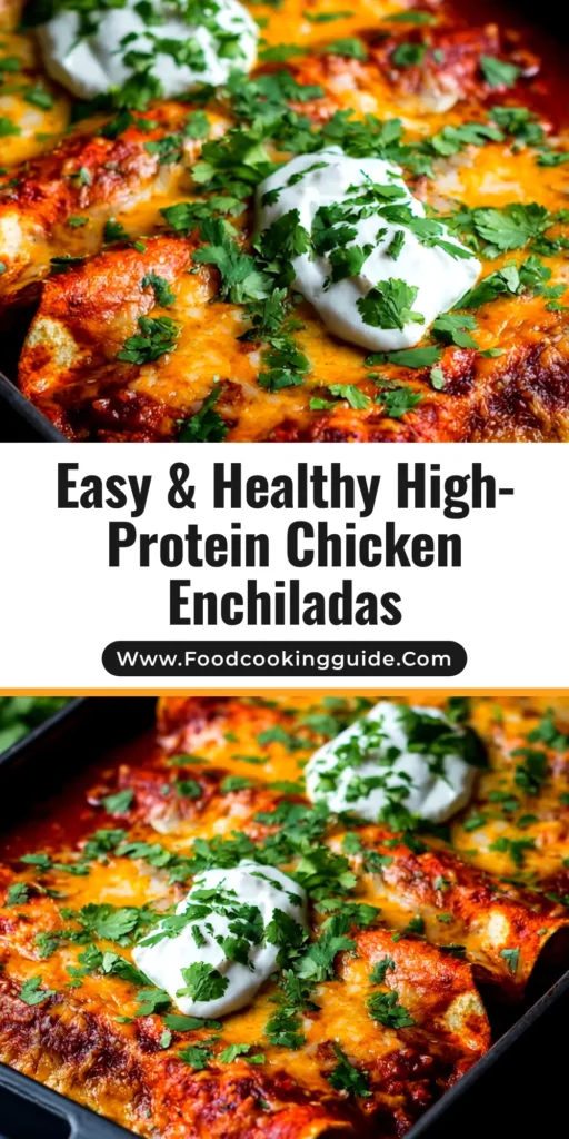 A close-up overhead shot of High Protein Chicken Enchiladas in a baking dish, garnished with fresh cilantro and cotija cheese.