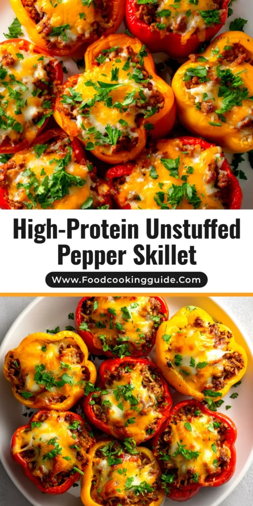 A top-down view of a cast iron skillet filled with High Protein Unstuffed Peppers, showing vibrant bell peppers, ground turkey, and melted mozzarella cheese. A wooden spoon rests in the skillet.