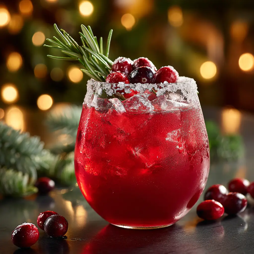 Mistletoe Margarita: The Perfect Festive Christmas Cocktail 1 Two finished Mistletoe Margaritas garnished with rosemary and sugared cranberries, set against a festive holiday background.