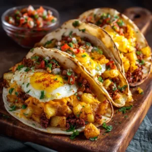 A close-up shot of three homemade breakfast tacos overflowing with fluffy scrambled eggs, sausage, and fresh cilantro.