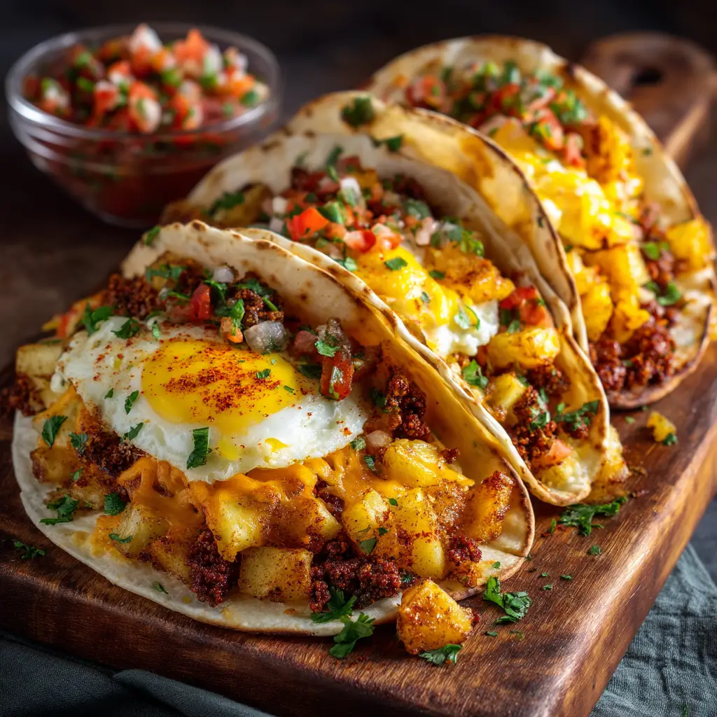 A close-up shot of three homemade breakfast tacos overflowing with fluffy scrambled eggs, sausage, and fresh cilantro.