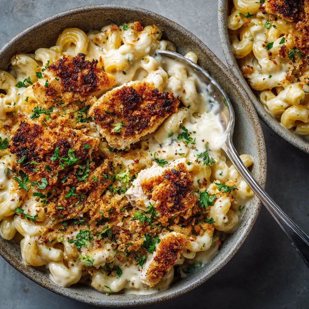A spoonful of homemade Cajun chicken mac and cheese being lifted from a bowl, showcasing the melted cheese and pasta.