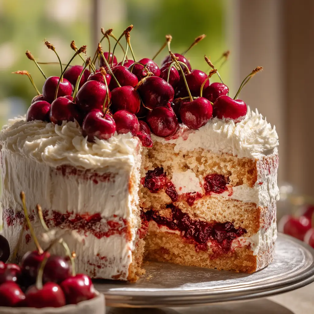 A close-up slice of moist cherry vanilla cake on a plate, showing the tender crumb and pieces of real cherry baked inside.